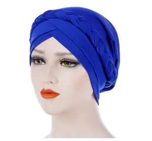 Groothandel bandana hoofddoek-Nieuwe Moslim Effen Kleur Braid Tulband Cap Vrouwen Elasticiteit Katoen Bandana Vrouwelijke Hoofddeksels Haaraccessoires Hoofddoek