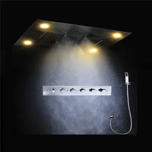 浴室吊顶LED 600 * 800MM淋浴套装雨瀑布水疗喷雾恒温淋浴龙头头带手持淋浴