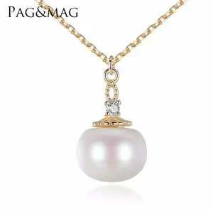 Pag & Mag豪华 9-9.5mm面包珠珍珠吊坠配银色金色链铺平道路方形锆石水晶项链为妇女党