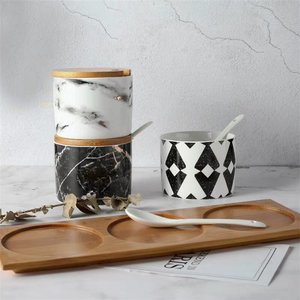 Salt Sugar Spice Pepper Ceramic Marble <strong>Canister</strong> <strong>Set</strong> <strong>of</strong> 3 with Ceramic Spoon &amp; Wooden Lid - Product Image 3
