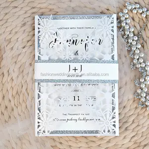 Modern Cheap Custom White Laser Cut Snowflake Wedding Invitations and silver glitter laser cut birthday invitation cards