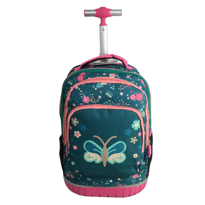 Most popular traveling bag trolley set cute butterfly and flowers printed book bag for girl trolley school bag