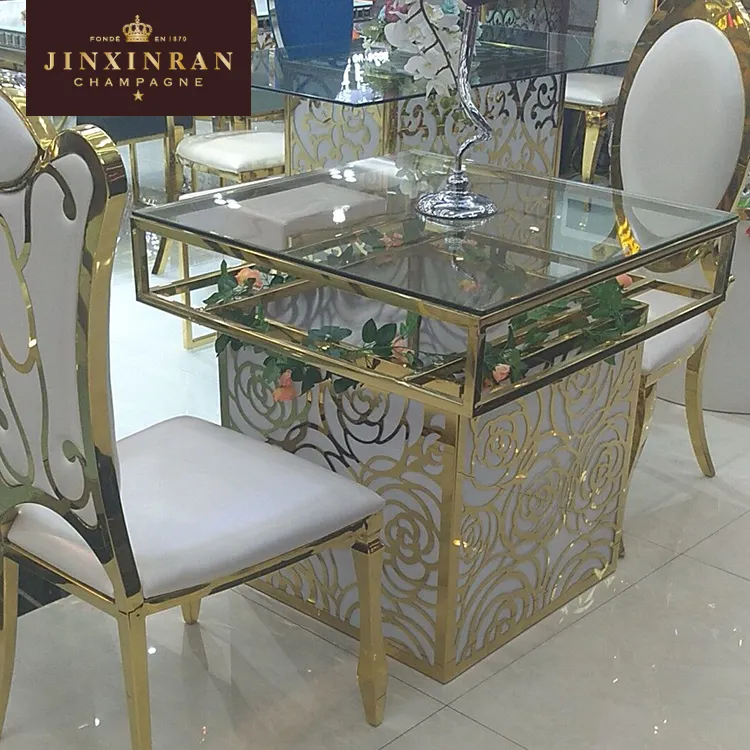 โต๊ะกระจกสี่เหลี่ยมโลหะสีทองสำหรับงานเลี้ยงแต่งงานเปลี่ยนสีฐานสแตนเลสโต๊ะรับประทานอาหาร