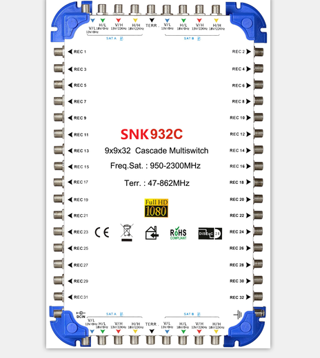 8 SAT+1Terr. up to 32 Receiver Satellite Channels 9 in 32 Out Cascade Multiswitch