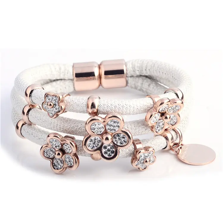 Style européen nuit au bracelet en cuir de tissu blanc cristal or rose pour dames de la mode fleur en acier inoxydable