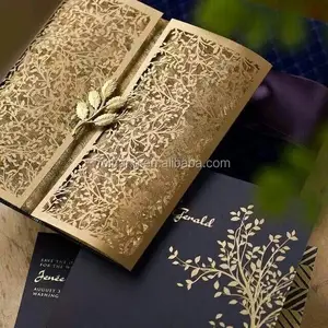 2018 Hot sale high-end artistic royal brown gatefold leaves laser carve wedding invitations