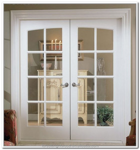 Portes doubles françaises en bois blanc avec vitrage, style à ouverture battante, pour entrée ou chambre à coucher - Product Image 1