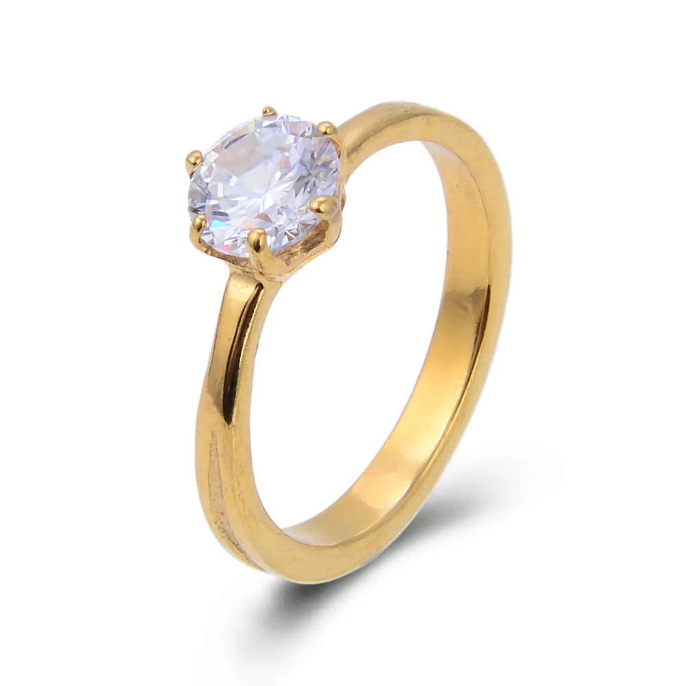 Latest Gold Finger Steel Ring Design Single Cubic Zirconia Women Ring