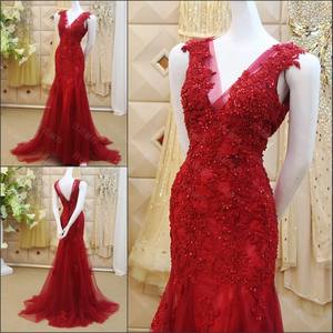 Red Lace Applique Beaded Mermaid Evening <strong>Dresses</strong> 2025 Real Picture Sexy V-neck Tulle Formal Party Gowns Free Shipping ML186 - Product Image 1