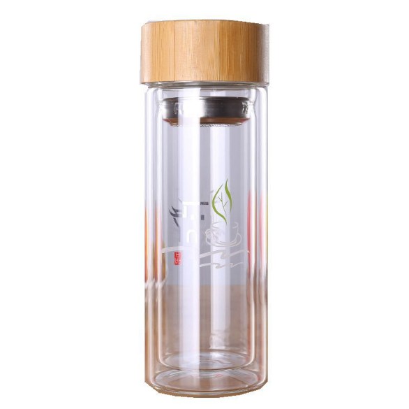 Borosilicate Glass Water Bottle Wide Mouth with Bamboo Lid Double Wall Water Glass Cup