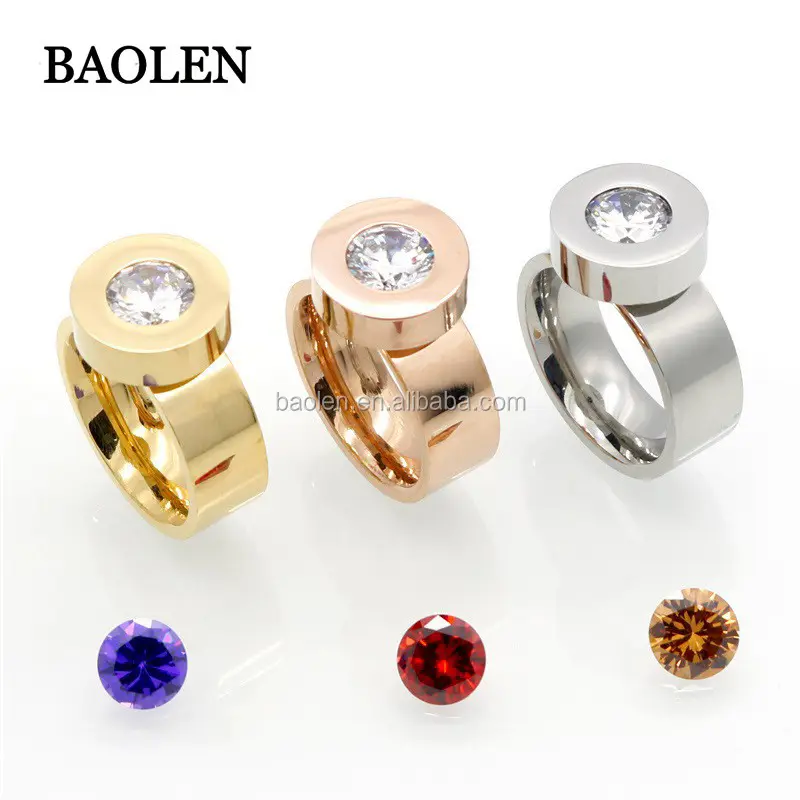 Trendy Gold 4 Color Zircon Crystal Round Stone Ring For Women Female 316L Stainless Steel logo Ring Male Brand Wedding Jewelry