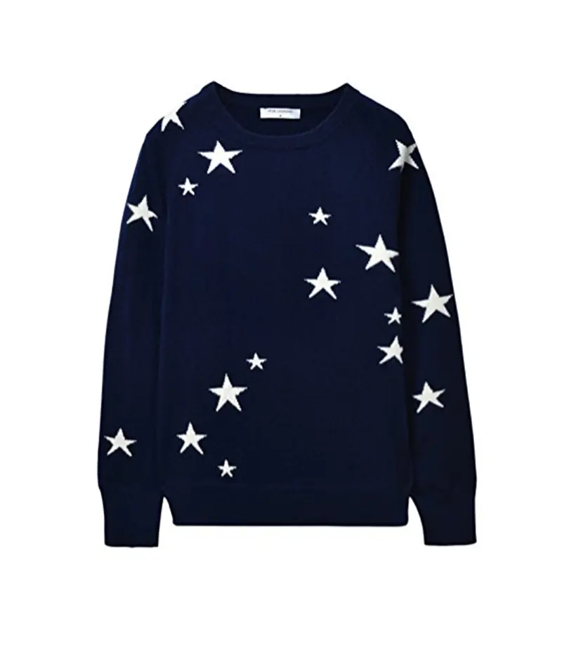 P18B43HX PURE Cashmere Sweater Star Pattern Jacquard Crew Neck Sweater For Women