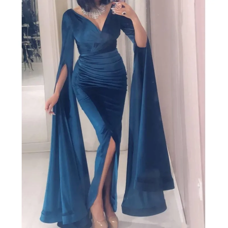 green emerald velvet dress Simple Blue Satin A-line V-neck Long Prom Dresses, Party Dresses, MP785 main image 0
