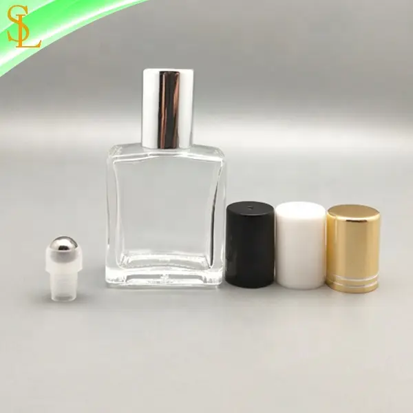 Lege 15 ml vierkante roll on parfum fles met glas/metalen bal roller en goud/zilver/zwart /wit cap voor olie