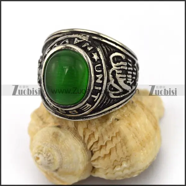 Solemn Military Jewelry Silver USN United States Navy Cabochon Green Emerald Ring