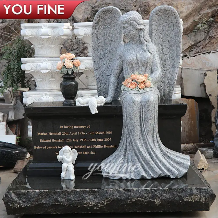 Estatua de Ángel de mármol, lápida de granito conmemorativo personalizada para exteriores, cementerio