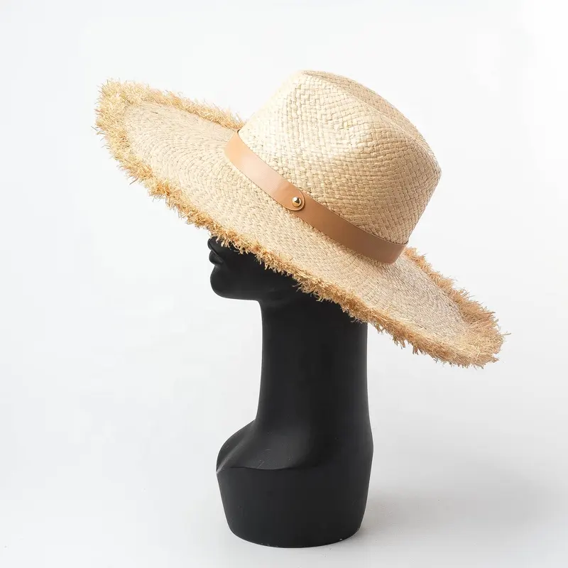 Trendy Women Men PU Leather Decoration Raffia Straw Fedora Hat for Beach Travel Sun Protection Dress