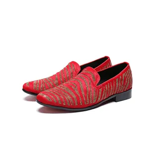 NA081 Luxury Mens Red Loafers Genuine Cow Leather With Pointed toe Men Formal Dress Shoes Sequincs Fashion