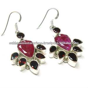 Fine Jewelry 925 Sterling <b>Silver</b> <b>Earrings</b> Red Ruby Quartz Drop Dangle Hoop <b>Huggie</b> Stock Ear Studs Bezel Jhumki Indian Jewellery - Product Image 1
