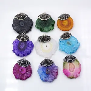 Solar Quartz Pendant Rainbow Crystal Vintage Jewelry rhinestone paved Chakra Pendant sun flower agate Pendant