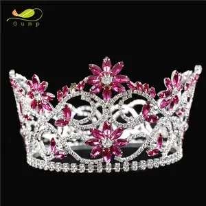 Custom Full Bulat Kristal Mahkota Lingkaran Berwarna Merah Muda Berlian Imitasi Mahkota