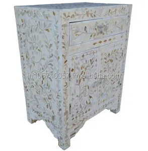 Armoire de chevet moderne de luxe en incrustation de nacre en bois blanc blanc tables de chevet pour chambre salon entrée maison - Product Image 1