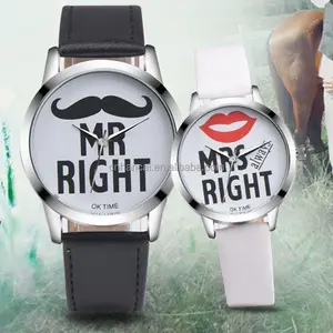 패션 Mr Right MRS always RIGHT 시계 캐주얼 가죽 커플 쿼츠 시계 선물 Relogio Feminino