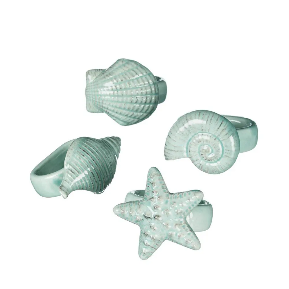Набор из 4 разных керамических фарфоровых колец для салфеток с морской ракушкой