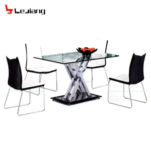 Muestra gratis de la tubería de acero barato elegante de Metal moderno de etiqueta engomada de cristal acrílico mesa de comedor con tapa de cristal