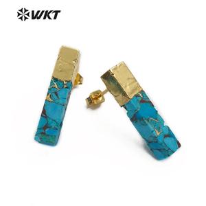 WT-E548 Natural <strong>Blue</strong> Vein Turquoises Ornaments Rectangle Shape Gemstones <strong>Earring</strong> Gold Capped <strong>Stud</strong> <strong>Earring</strong> Jewelry - Product Image 1