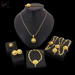 Gold Plating Copper Necklace Bangle Earrings And Ring Jewellery Set For Women Wedding Party
