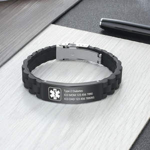 Engraving Medical Alert <strong>Women</strong> Men Kids Bracelet Black Personalized <strong>Wristband</strong> - Product Image 4