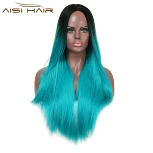 Aisi Hair-Peluca de pelo liso degradado para mujer Peluca de pelo sintético largo y sedoso para Cosplay, fibra resistente al calor, color azul, venta al por mayor