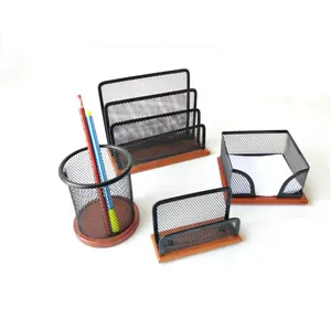 Hitam Yang Indah Mesh Multi Kompartemen Meja Organizer Caddy Set dengan Selesai Dasar Kayu