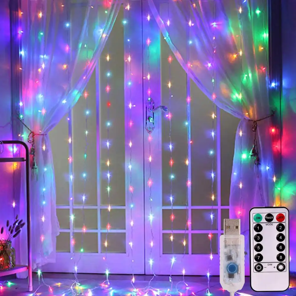 3x3m 300 LED Copper Wire Curtain Lights USB With Remote Fairy Lights String Garland For Wedding Party Curtain Decor