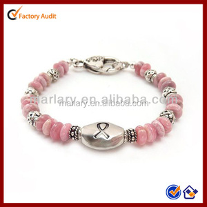 Rosa de la Conciencia del Cáncer de Mosquetón de Acero <span class=keywords><strong>Inoxidable</strong></span> Brazalete de Cuentas de Piedra - Product Image 1