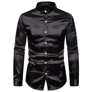 Winter Plain Black Shining Full Sleeve Slim Fit Fitness Button Down Shirt for Men
