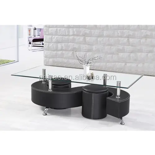 Table de salon avec haut en verre trempé, table basse moderne avec deux tabourets, 1 pièce