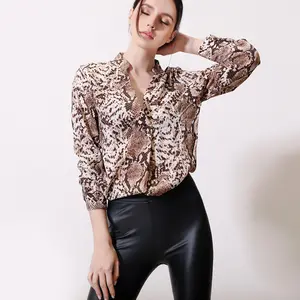 2023 Top Fashion Women Sexy Long Sleeve Blouse Leopard Snake Skin Print Shirt