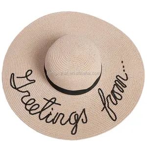 Custom Embroidered Summer Beach Foldable Floppy Sombrero Chinese Paper Braid Straw Hat Women
