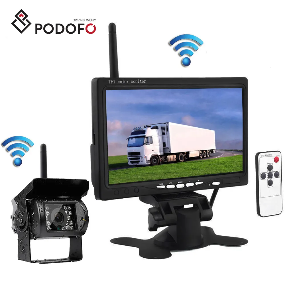 Podofo Kamera Belakang Nirkabel, Sistem Penglihatan Malam 18IR Tahan Air + Monitor 7 "untuk Truk RV Trailer 12V 24V