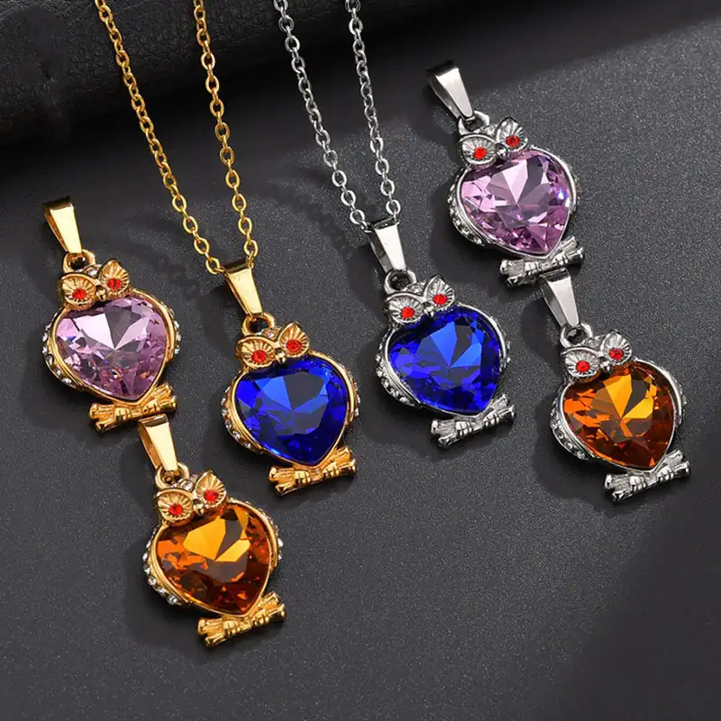 Ladies Trendy 316L Stainless Steel Gold Silver Vividly Owl Shaped Colorful Large CZ Crystals Stones Setting Pendants Necklaces