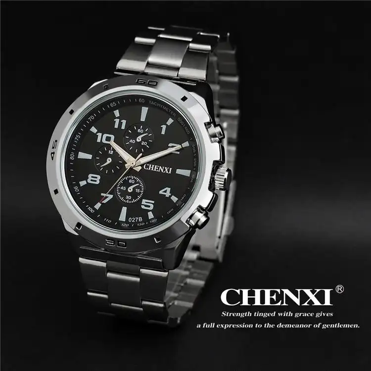 Chenxi 027B Nederigheid Mannen Horloge Oem Roestvrij Staal Quartz Horloge Mannen Chronograph 3 Ogen Water Resistant Horloges