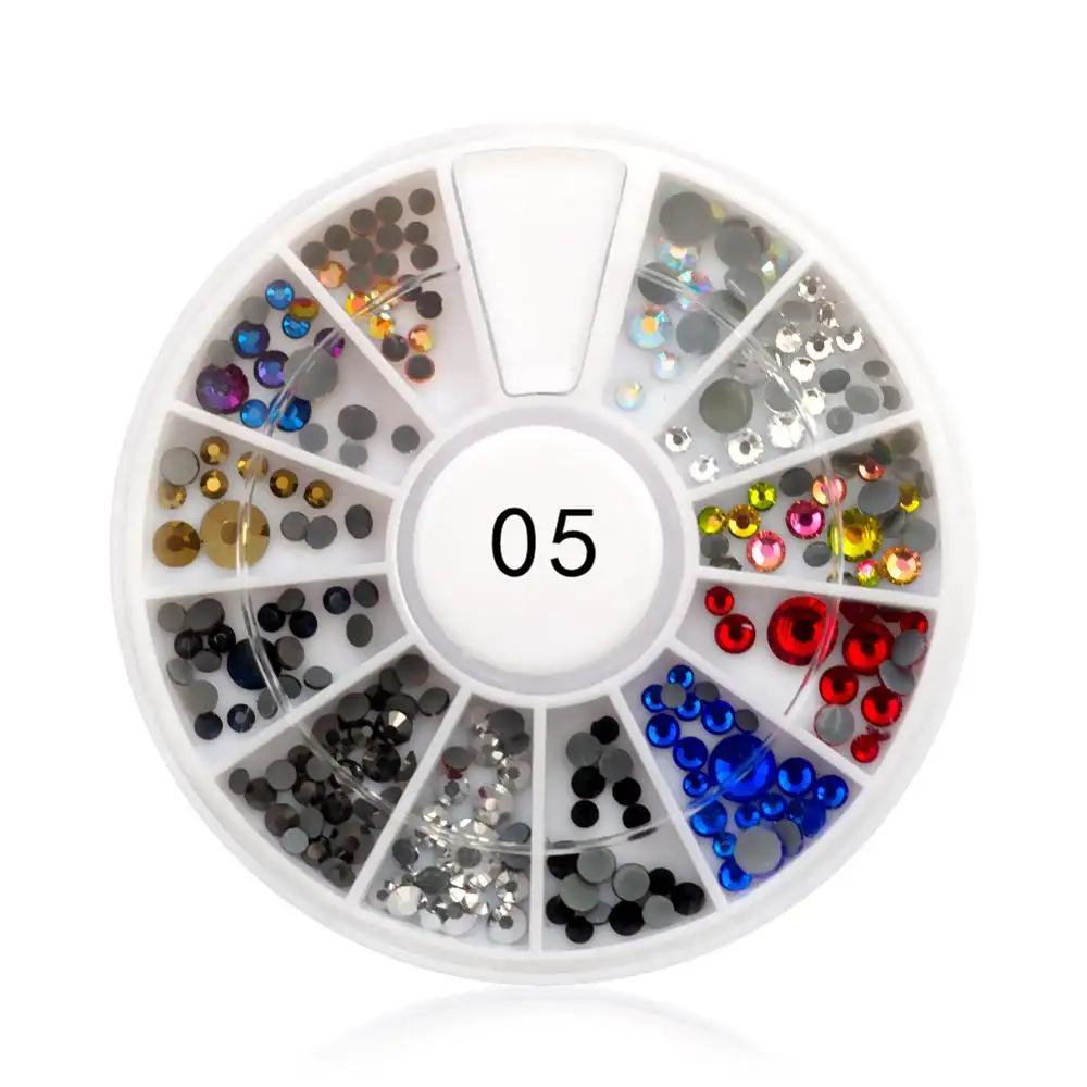1 caja de diamantes de imitación para uñas, diamantes de imitación de cristal de colores de fondo plano y afilado, en la rueda varios tamaños, accesorios DIY