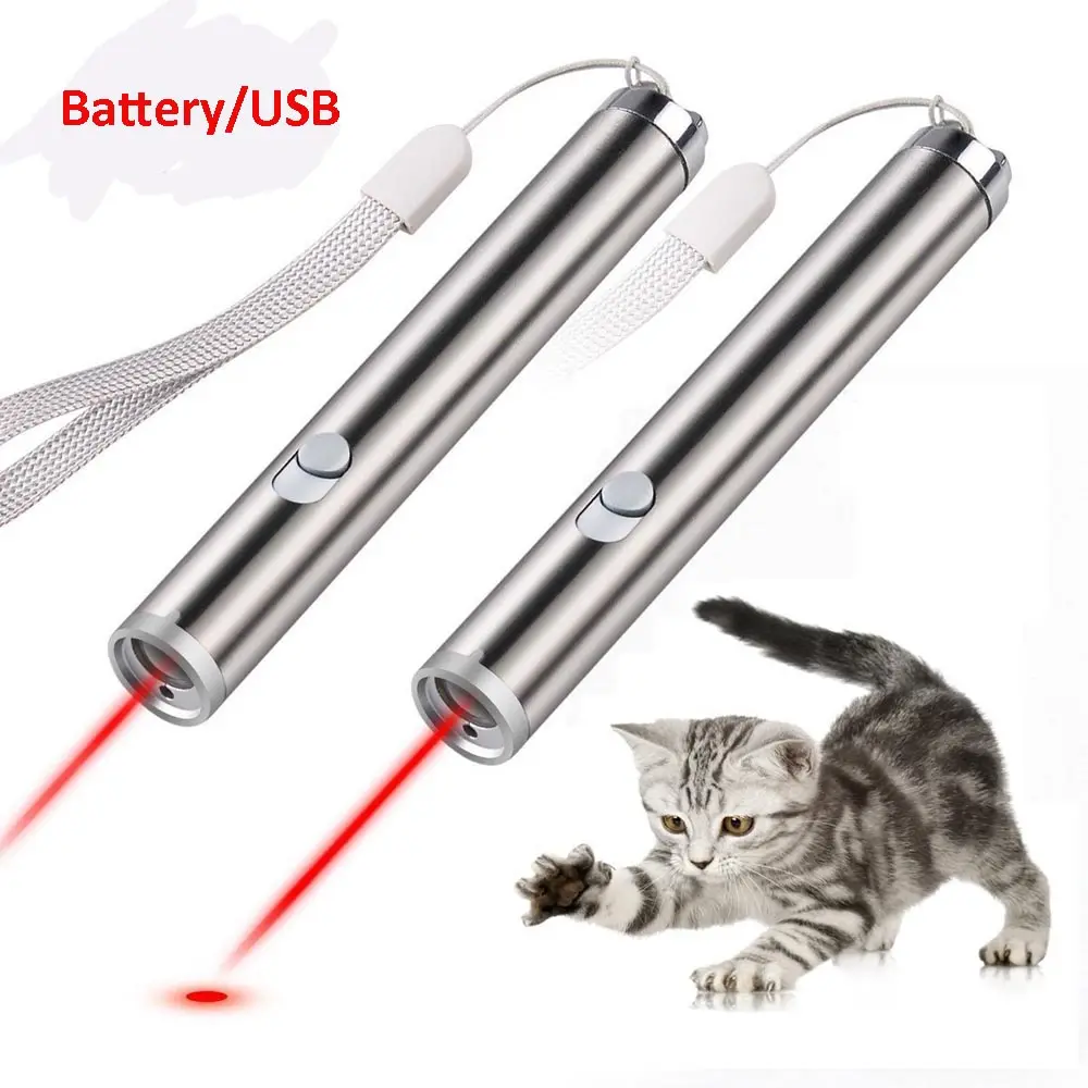 Batería/batería recargable USB 3 en 1 láser gato puntero láser Chaser pluma juguete con LED de luz de Flash para mascotas gato herramientas de formación