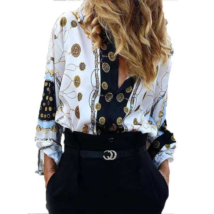 2023 Long Sleeve Lady Elegant Blouse Turn-down Collar Button Shirt Streetwear Print Floral Women Tops