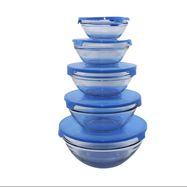 Haonai popular cheap antique 5pcs glass bowl set with plastic lid