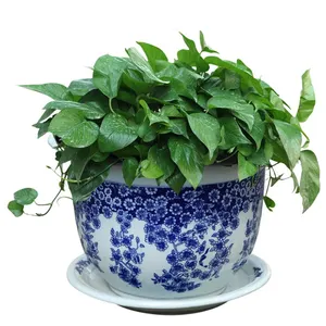 Plantenpot Voor Tuindecor Wit En Blauw Antiek Chinese Desktop Klassieke Porseleinen Planter Handgesneden Hars Plant/Bloempot