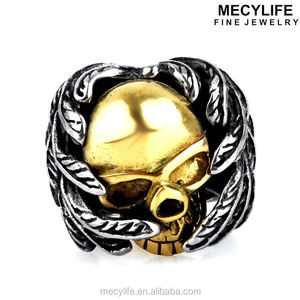 MECYLIFE 두 톤 스테인리스 골드 해골 헤드 링 골동품 날개 스타일 반지 - Product Image 2