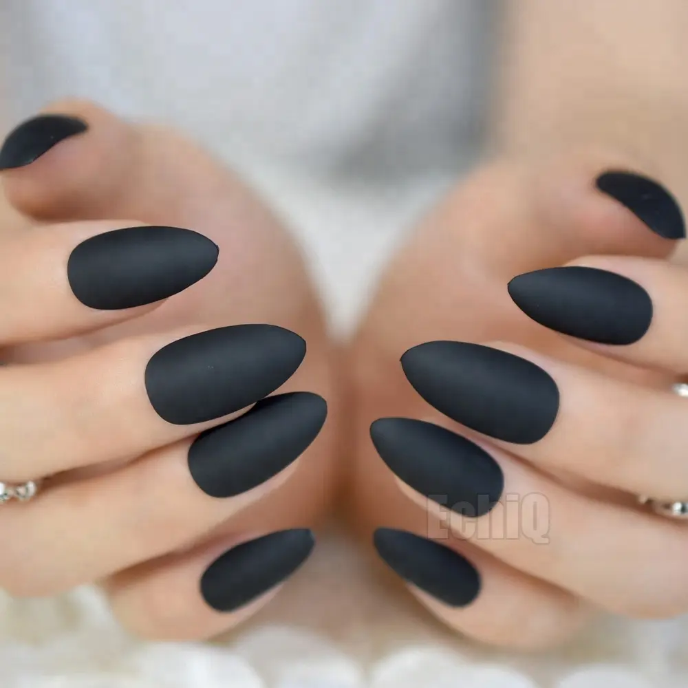24Pcs Pure Black Matte Candy Nail Tips Short Stiletto Fake Nails Easy DIY Nail Art Manicure ProductためLady Daily 353P